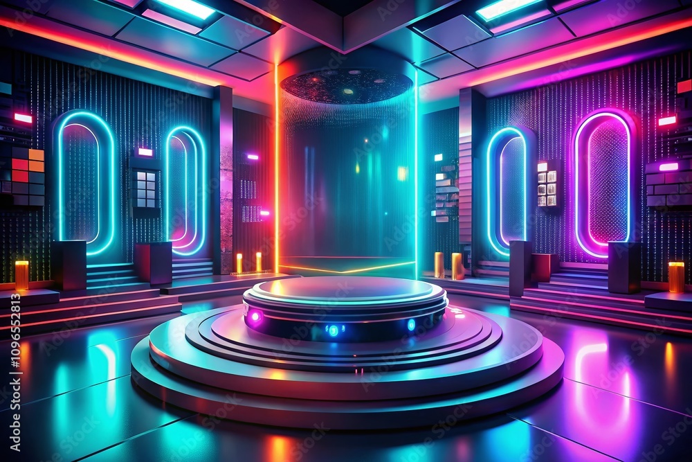 Poster captivating 3d rendering of abstract podium stage in cyberpunk style for product photography display