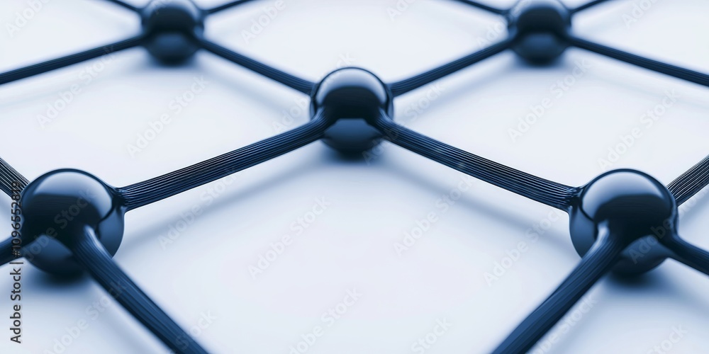 Poster close-up of a black spherical structure on a grid-like background.