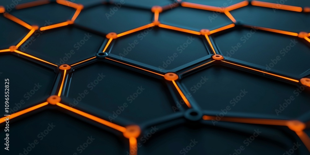 Poster abstract hexagonal pattern with orange accents on a dark background.
