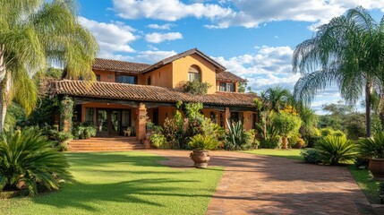 Fototapeta premium Expansive View of a Beautiful Mediterranean-Style House Surrounded by Lush Greenery and Palm Trees Under a Clear Blue Sky in the Early Evening