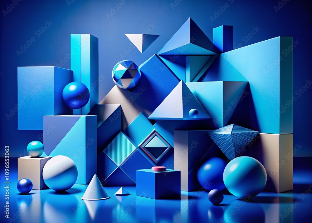 Poster captivating abstract geometric shapes on a blue background with dynamic light and shadow play for mo