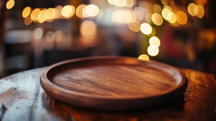 Obraz premium Empty wooden round tray placed on blurred cafe background with bokeh light effects. Ideal for food and product display concepts, restaurant menu, cafe service, and dining atmosphere