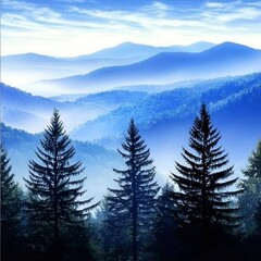 Fototapeta premium Misty Mountain Majesty: A Serene Landscape of Silhouetted Pines and Blue Haze