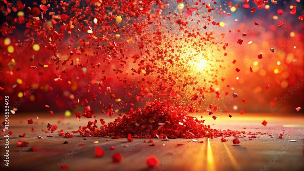 Poster captivating animation of a red confetti explosion with dynamic flying red particles creating a festi