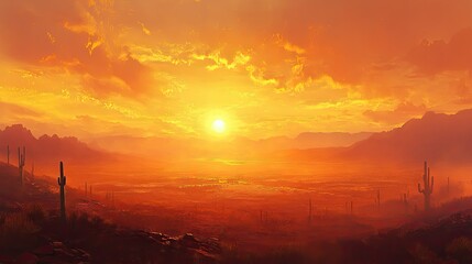 Naklejka premium Breathtaking Sunset Over Desert Landscape with Silhouetted Cacti and Mountains under a Colorful Sky Illuminated by Warm Hues of Nature's Beauty
