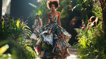 A fashion model wearing a stunning dress made entirely from recycled fabric, walking confidently on a runway surrounded by greenery, the innovative design and eco-conscious materials
