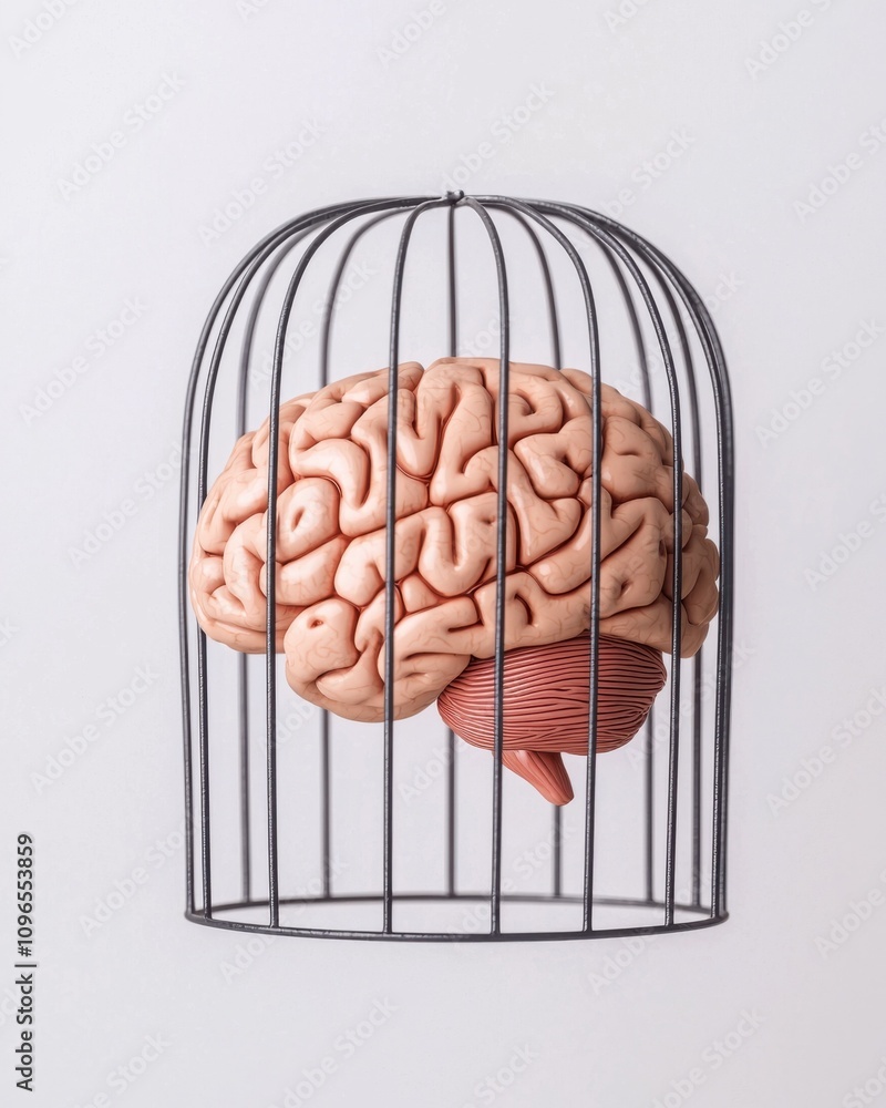 Poster a brain model enclosed in a metal cage, symbolizing confinement and the complexity of thought and id