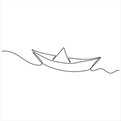 Continuous single line art drawing of paper boat sailing on the water river origami toy design vector illustration