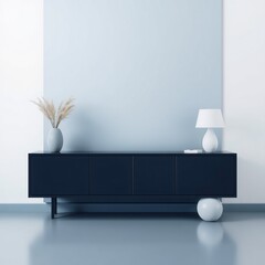 Modern interior with a blue cabinet, white lamp, and vase with dried flowers.