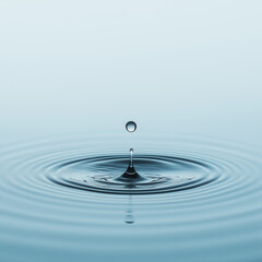 A water drop falling into water, creating ripples and waves. The background is a light blue with soft lighting