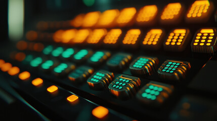 Glowing control panel with illuminated buttons in dark setting