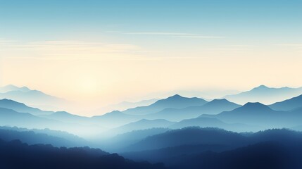 Obraz premium Silhouetted mountains emerging from fog, set against a light blue sky with gray clouds