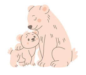 Cute illustration of a polar bear mother with her cub in flat style. Perfect for children's books, nursery decor, or educational materials about animals and wildlife.