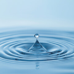 A water drop falling into water, creating ripples and waves. The background is a light blue with soft lighting