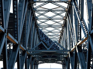 Industrial steel beams forming the bridge's support system, industrial, urban