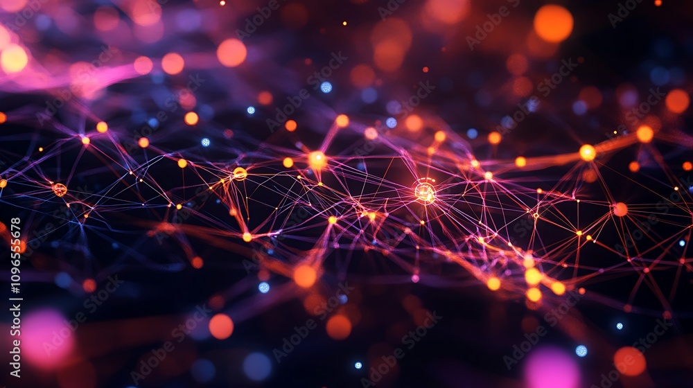 Poster glowing lines and particles in a 3d futuristic technology backdrop.