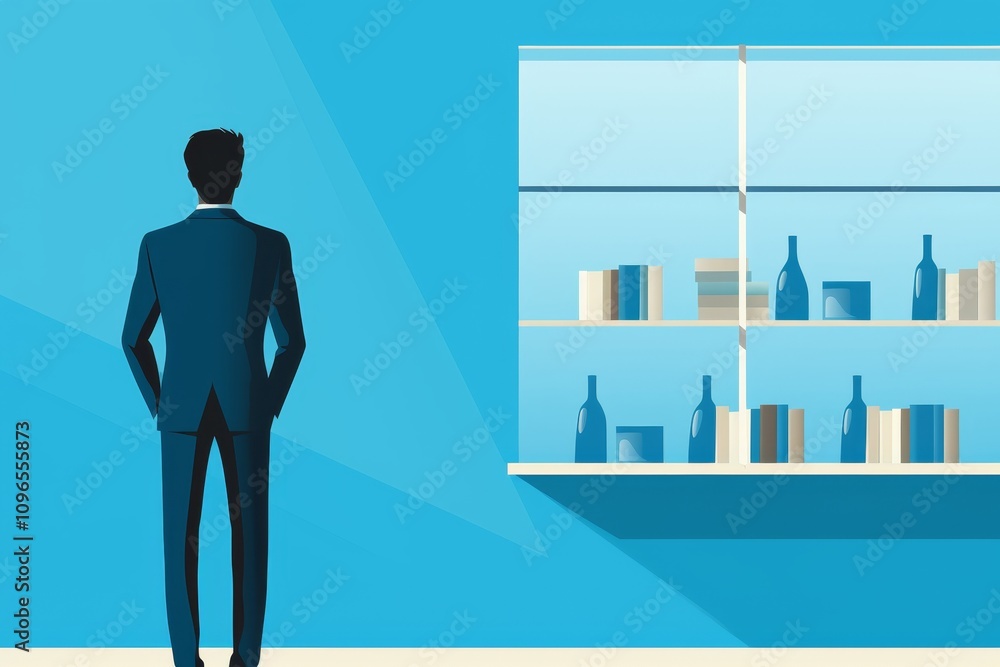 Poster silhouette of a worker gazing out the window, with space below for captions or text
