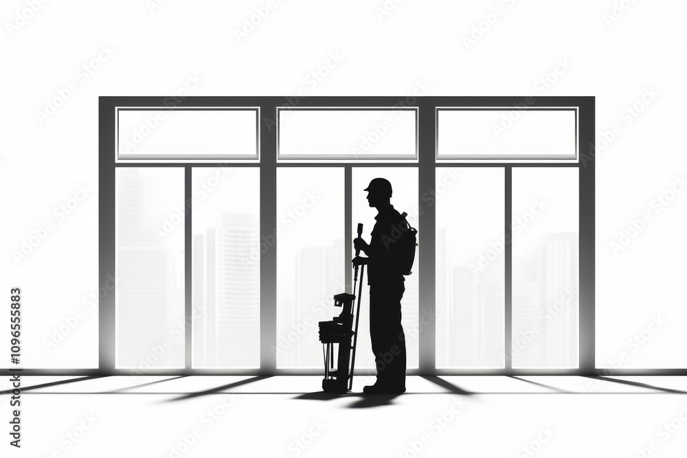 Aufkleber silhouette of a worker gazing out the window, creating space below for captions or text