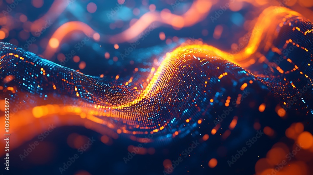 Poster dynamic futuristic technology background featuring glowing lines and particles.