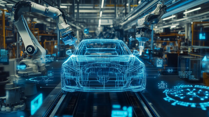 An industrial factory with robotic arms working on cars, surrounded by digital data and icons representing smart manufacturing processes in the style of futuristic tech, with a blue color scheme.