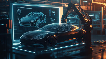 An industrial factory with robotic arms working on cars, surrounded by digital data and icons representing smart manufacturing processes in the style of futuristic tech, with a blue color scheme.