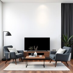 Modern living room with tv, two armchairs, a coffee table, and a rug.