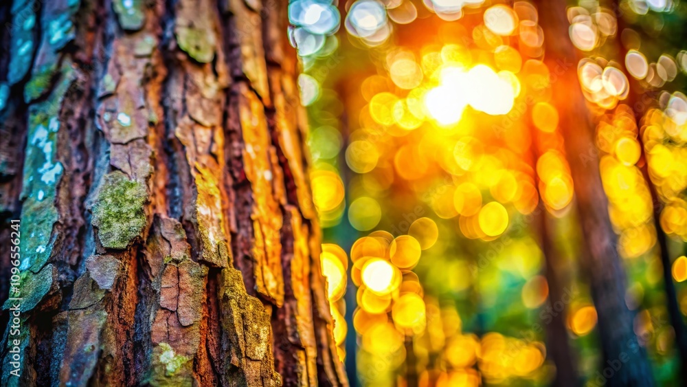 Poster captivating close-up of a tree trunk with bokeh effect, showcasing the intricate details of bark tex
