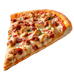 Front view of a hyperrealistic slice of chicken and chorizo pizza levitating in mid-air, isolated on a white transparent background