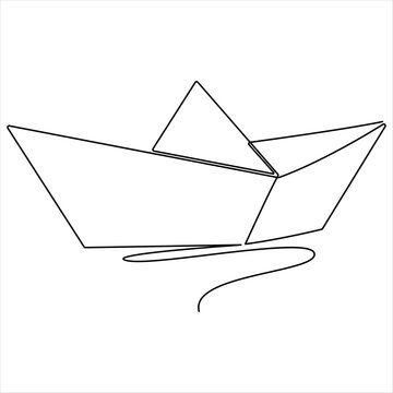 recommend clip art: Continuous single line art drawing of paper boat sailing on the water river origami toy design vector illustration
