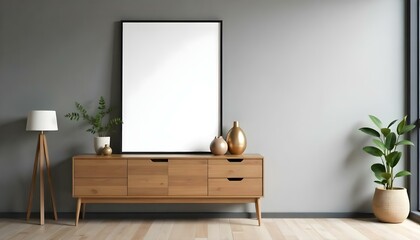 A modern living room with a wooden TV stand, a large framed mirror, and decorative vases on the stand