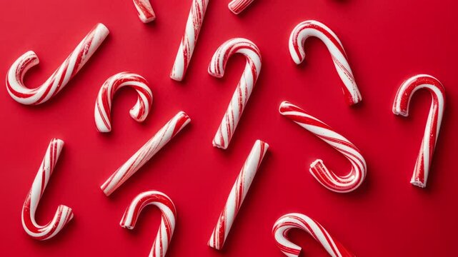 Festive Candy Canes On Vibrant Red Background For Christmas