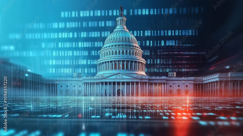 Poster a captivating visual fusion showcasing the u.s. capitol alongside intricate binary code, symbolizing