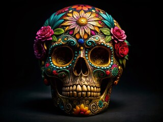 Captivating Day of the Dead Poster Featuring a Decorative Skull in Low Light on a Black Background, Perfect for Celebrating Dia de los Muertos Traditions and Culture