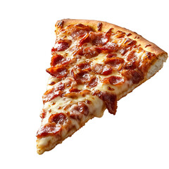 Front view of a hyperrealistic slice of maple bacon pizza levitating in mid-air, isolated on a white transparent background