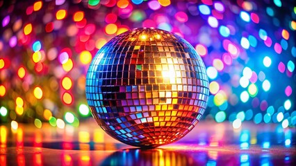 Obraz premium Captivating Disco Ball Shimmering Against a Vibrant and Colorful Background, Perfect for Celebrating Joyful Moments and Evoking Nostalgia of Dance Parties