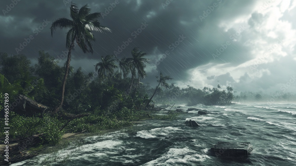 Poster a stormy ocean with palm trees in the background