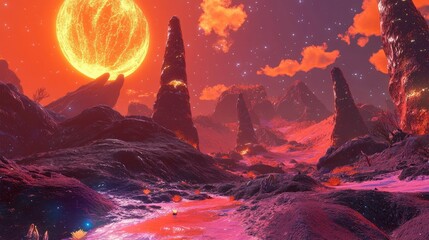 Fototapeta premium A surreal alien landscape with towering rock formations and a vibrant sun.