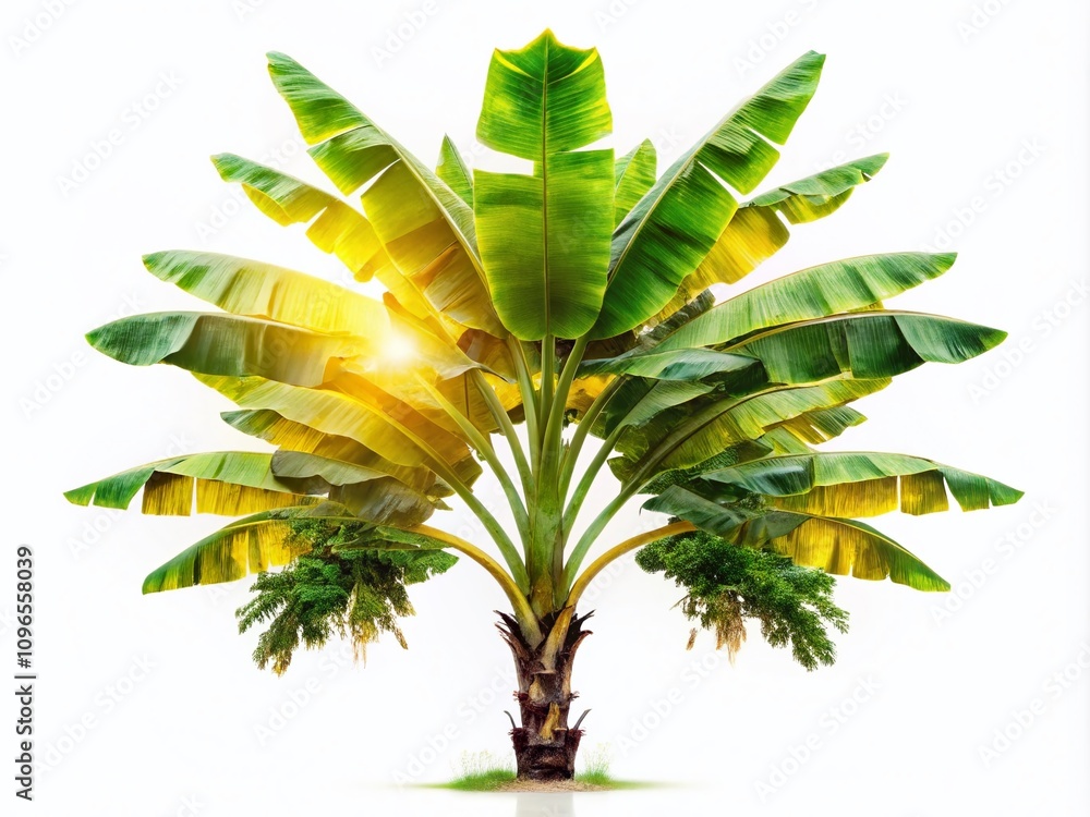 Poster captivating double exposure of a banana tree against a white background with intricate details and n