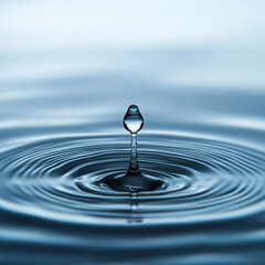 A water drop falling into water, creating ripples and waves. The background is a light blue with soft lighting