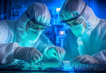 Two engineers in cleanroom suits working on a circuit board.