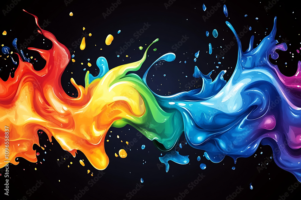 Poster a vibrant splash of colorful paint creating a dynamic visual effect on a dark background.