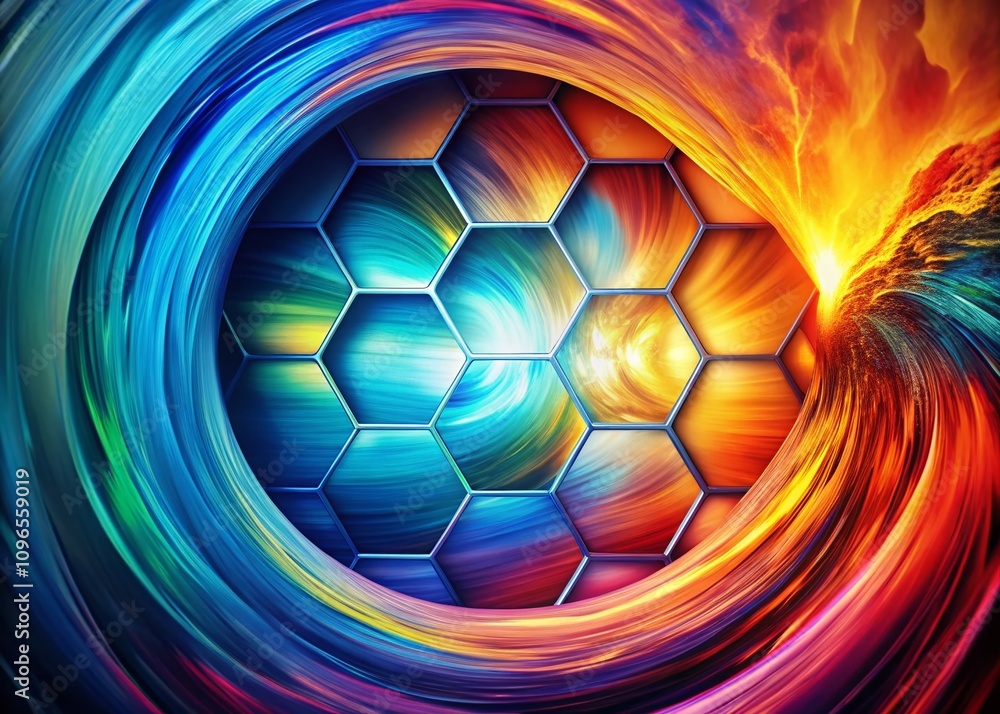 Poster captivating double exposure photography featuring hexagon swirl wave equalizer background for modern