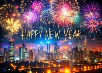 Captivating Double Exposure Photography of a Festive 'Happy New Year' Waving Text Effect with a Vibrant Cityscape and Fireworks Background for Celebratory Stock Imagery