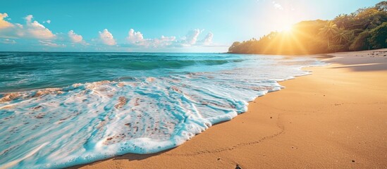 Tropical Beach Sunset with Waves Crashing on Golden Sand