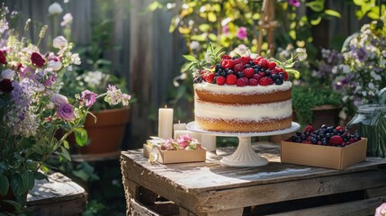 Rustic naked cake with fresh berries and flowers, wax candles, wooden crates with handcrafted gift boxes, sunlit outdoor garden