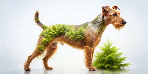 Captivating Double Exposure Photography of an Irish Terrier Dog on a White Background, Blending Nature's Elements for a Stunning Visual Experience