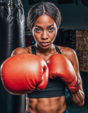 Portrait puissant d&rsquo;une boxeuse d&eacute;termin&eacute;e, gants rouges, sc&egrave;ne sportive moderne et d&eacute;corative
