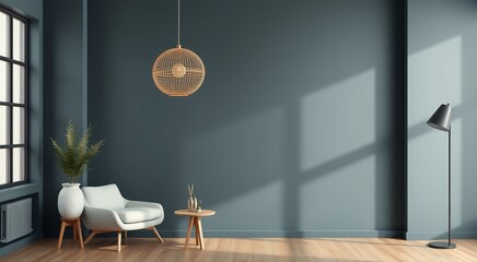 Minimalist living room interior with a comfy armchair, side table, and a stylish lamp.