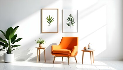 An orange mid-century modern armchair in a minimalist living room with white walls , framed botanical prints , and small side tables