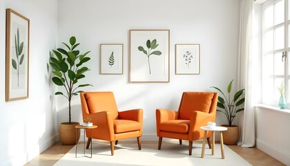 An orange mid-century modern armchair in a minimalist living room with white walls , framed botanical prints , and small side tables